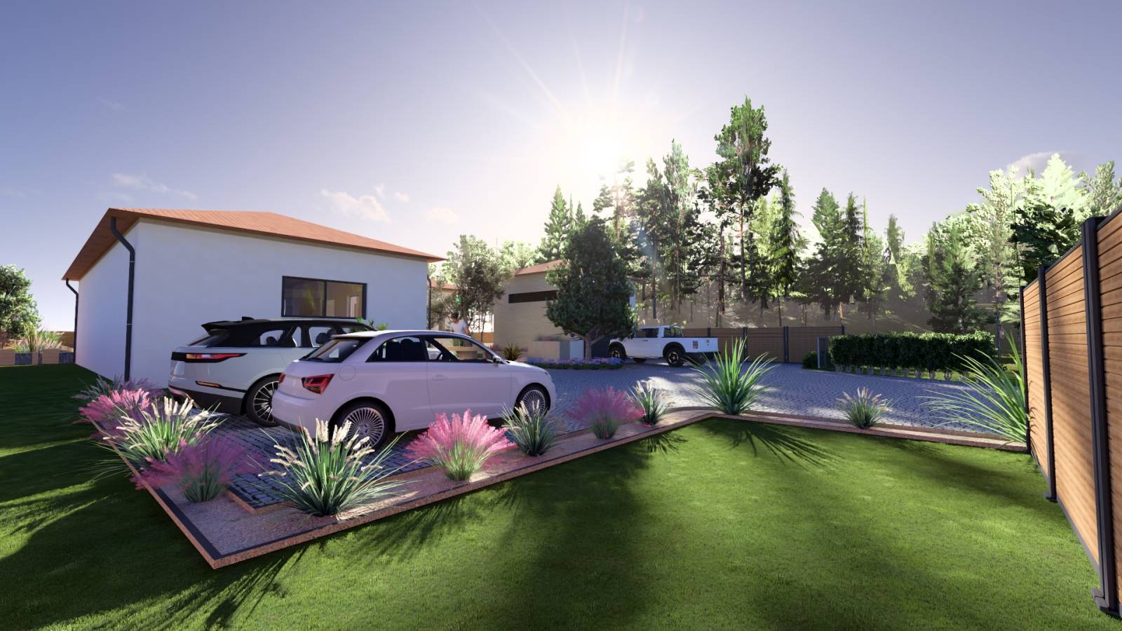 Vue d'ensemble parking jardin extérieur et pergola bois agencement extérieur paysage made concept home