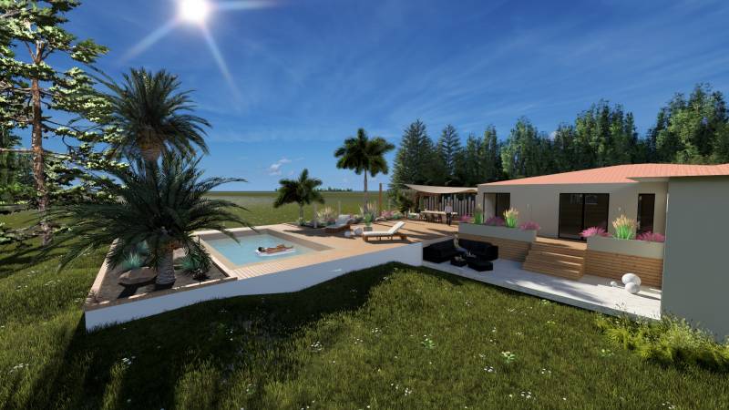 Aménagement paysager à Martillac pour Air BnB – Création d’espaces extérieurs méditerranéens, terrasse, parking paysager et cuisine d’été sur mesure