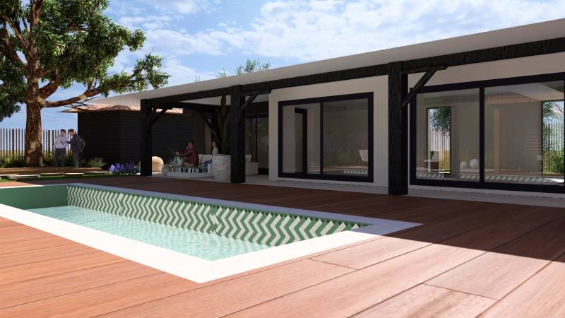 Aménagement extérieur piscine terrasse bois maison première ligne bassin arcachon